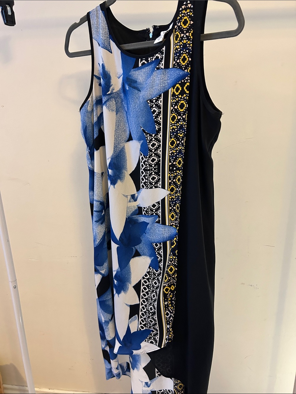 Bar III Navy Dress with Blue Floral and Yellow Trim